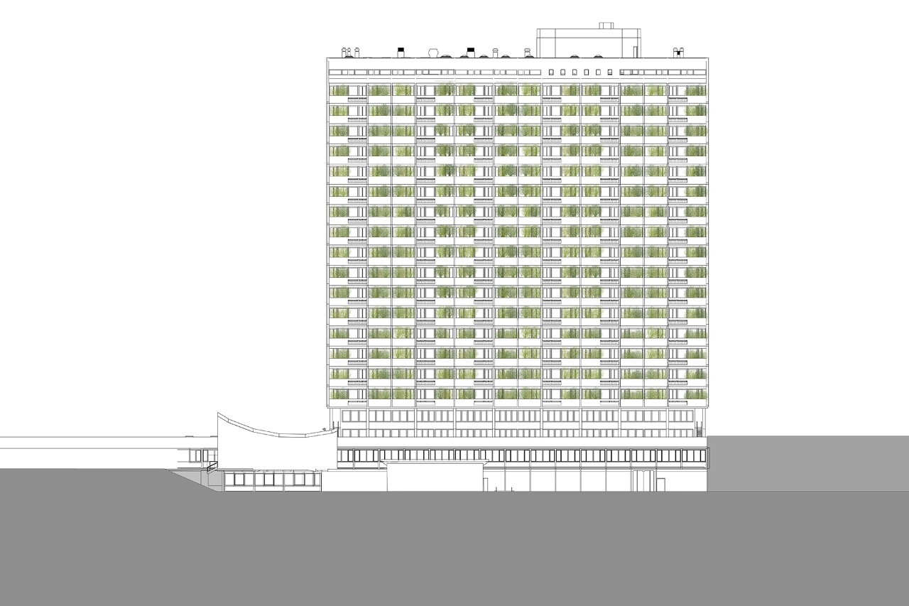 Südfassade Turm mit Fassadenbegrünung (Plan: Hemmi Fayet Architekten AG)